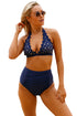 Sexy Navy Scalloped Halter Bikini High Waist Swimsuit